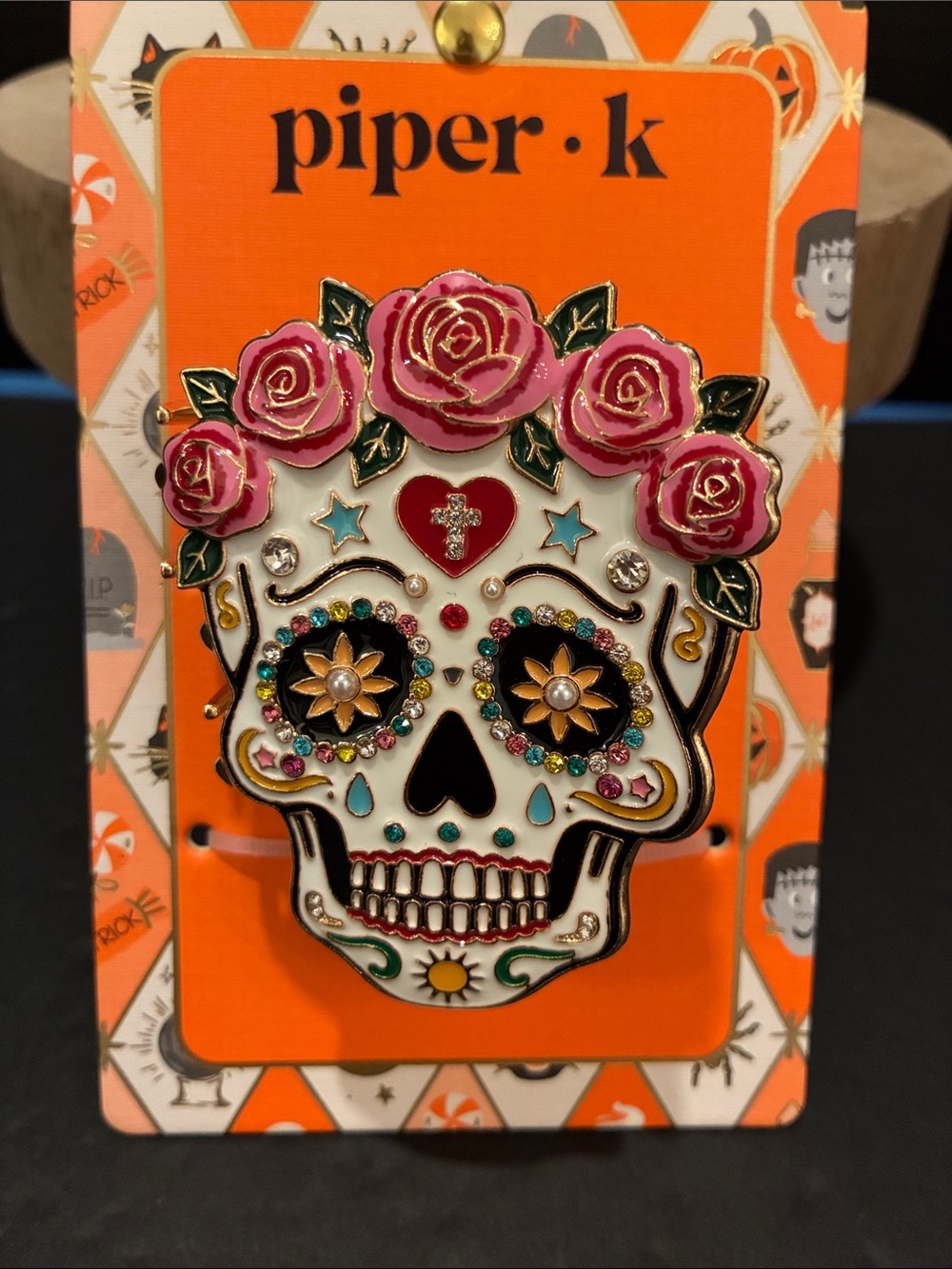 Piper•k Pink Floral Sugar Skull Enamel Hair Clip with Rhinestones Halloween